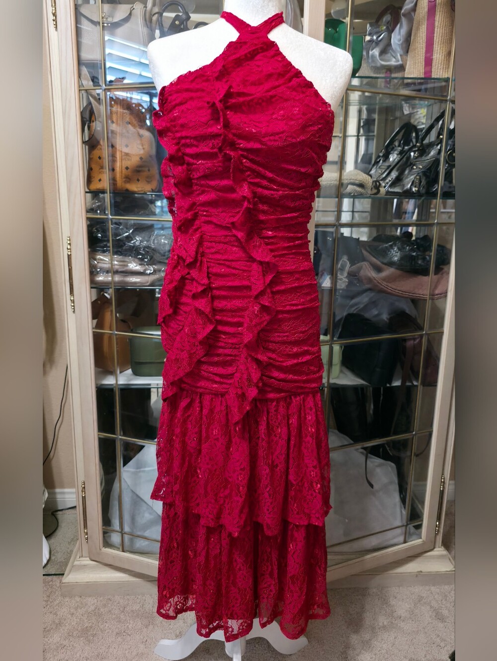 Red Lace Ruffle Halter Evening Dress